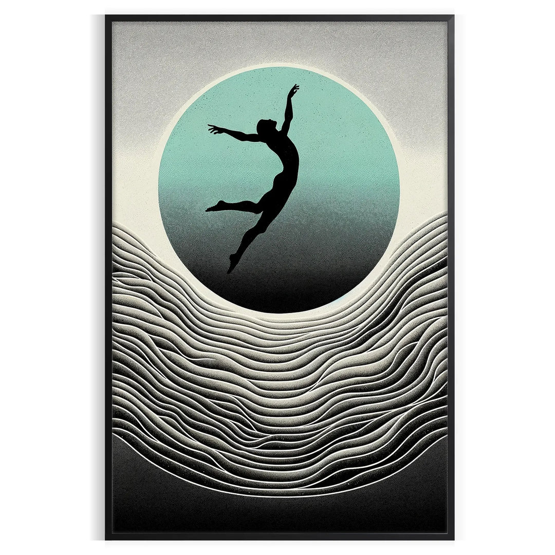 Dynamic silhouette of a human jumping against a black and gray background - in a black frame