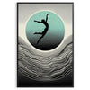 Dynamic silhouette of a human jumping against a black and gray background - in a black frame