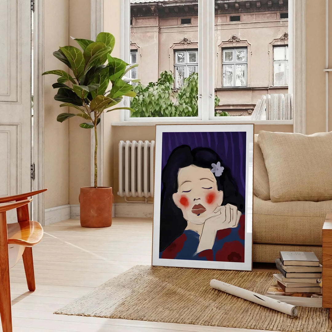 Abstract human figures in bold black and brown hues, maximalist style - in a Parisian living room with a sofa and a fig plant
