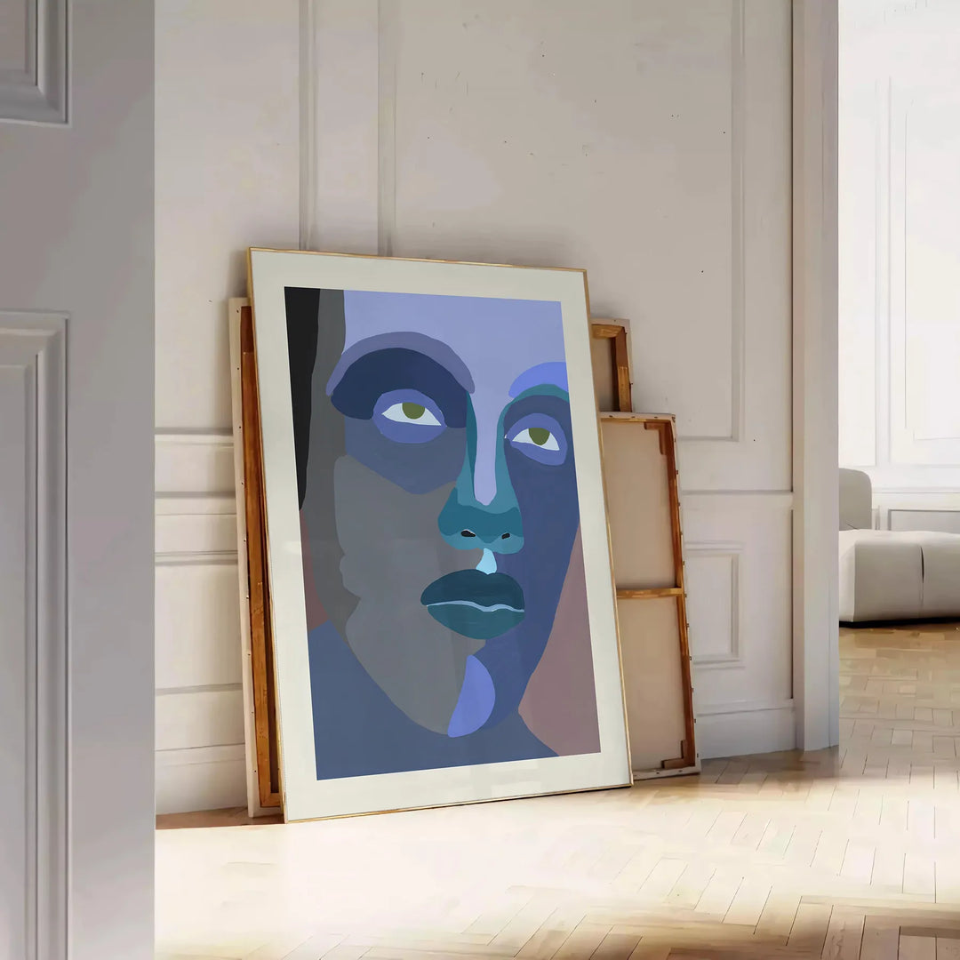 Abstract representation of a human figure in bold colors and shapes - leaning on a herringbone floor against a white panelled wall