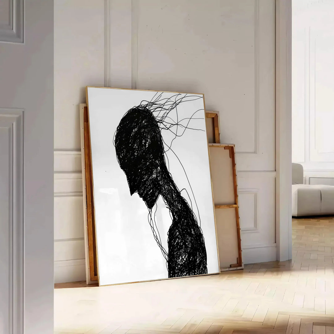 Abstract human figure in bohemian style with gray and black tones - leaning on a herringbone floor against a white panelled wall