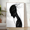 Abstract human figure in bohemian style with gray and black tones - in a bright minimalist room with a plant and an armchair