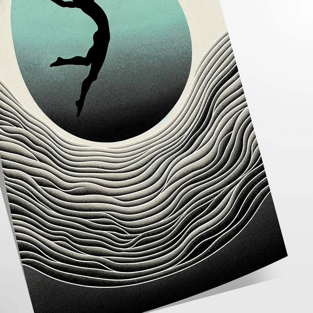 Dynamic silhouette of a human jumping against a black and gray background - as a rolled, unframed print