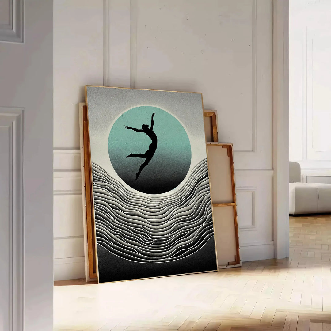 Dynamic silhouette of a human jumping against a black and gray background - leaning on a herringbone floor against a white panelled wall