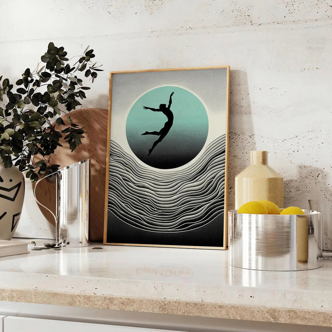 Dynamic silhouette of a human jumping against a black and gray background - styled on a counter with eucalyptus and a bowl of lemons