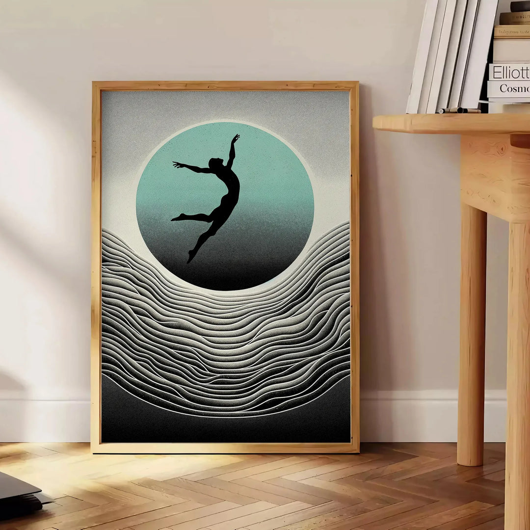 Dynamic silhouette of a human jumping against a black and gray background - beside a round wooden side table with books