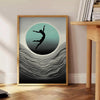 Dynamic silhouette of a human jumping against a black and gray background - beside a round wooden side table with books