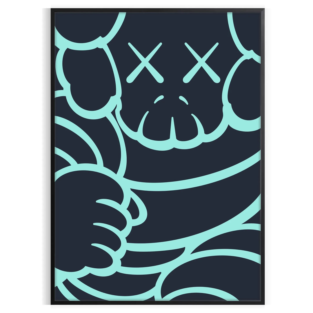 Abstract design featuring bold black and blue shapes with dynamic energy - in a black frame