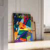 Abstract hyperbeast creature in blue and green hues with a cosmic background - leaning on a herringbone floor against a white panelled wall