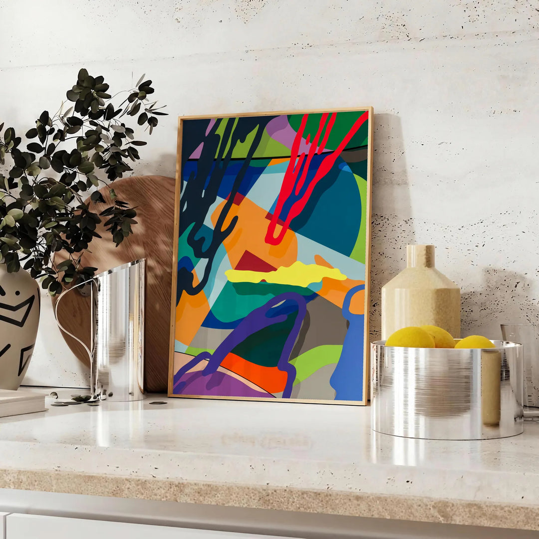 Abstract hyperbeast creature in blue and green hues with a cosmic background - styled on a counter with eucalyptus and a bowl of lemons