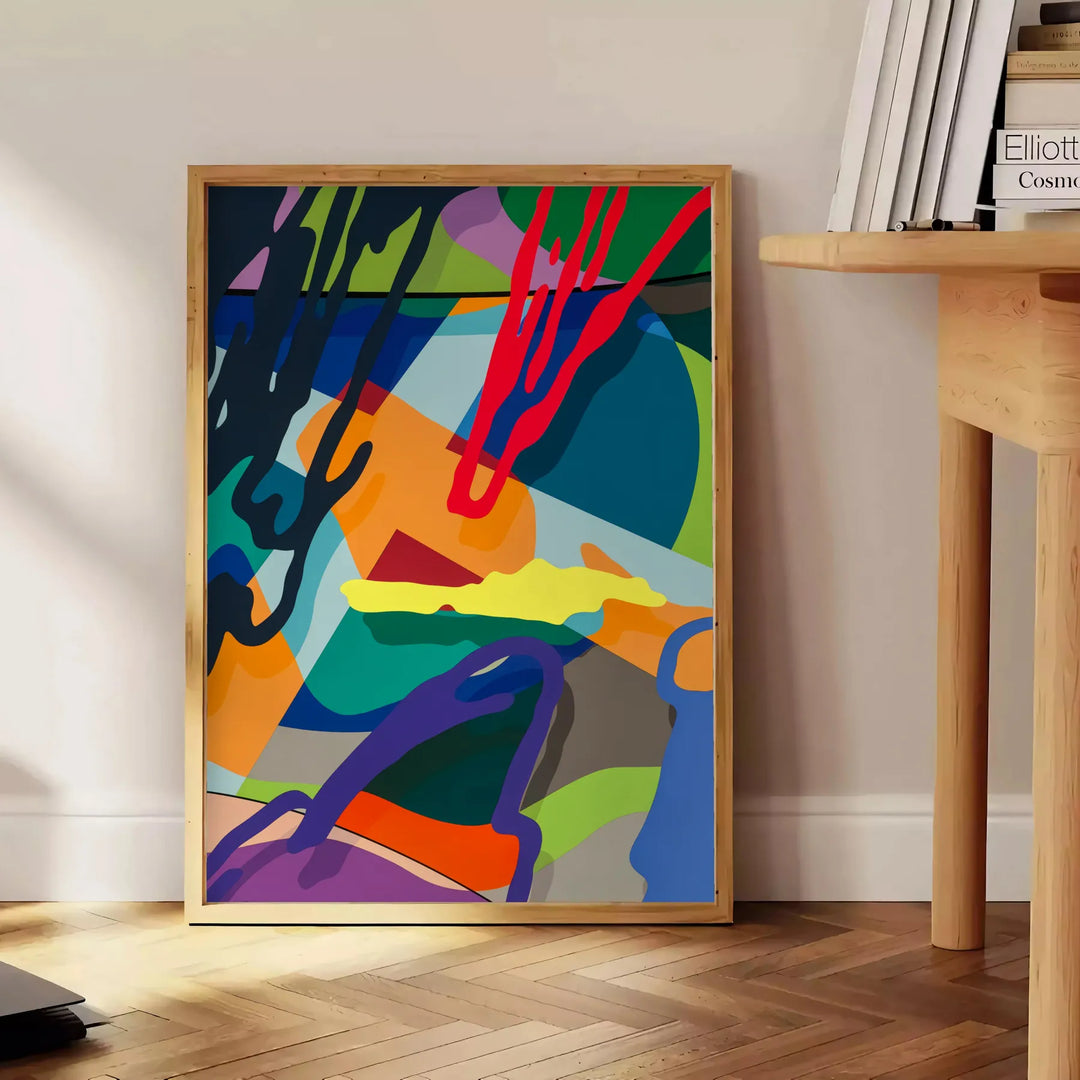 Abstract hyperbeast creature in blue and green hues with a cosmic background - beside a round wooden side table with books