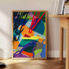 Abstract hyperbeast creature in blue and green hues with a cosmic background - beside a round wooden side table with books