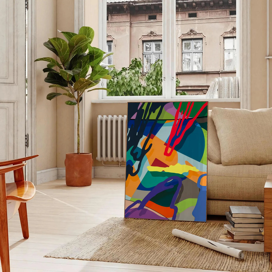 Abstract hyperbeast creature in blue and green hues with a cosmic background - in a Parisian living room with a sofa and a fig plant