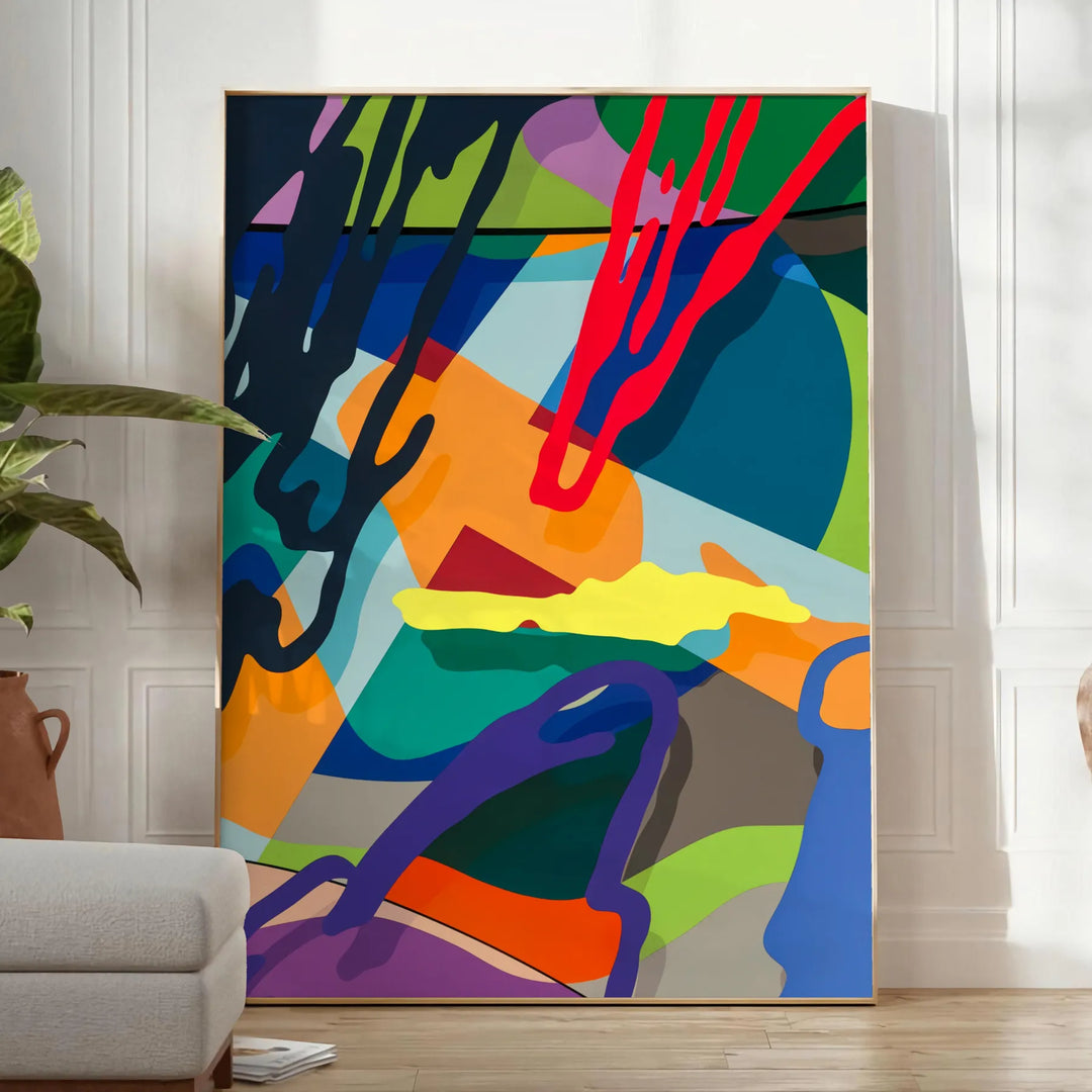 Abstract hyperbeast creature in blue and green hues with a cosmic background - in a bright minimalist room with a plant and an armchair