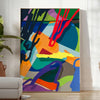 Abstract hyperbeast creature in blue and green hues with a cosmic background - in a bright minimalist room with a plant and an armchair