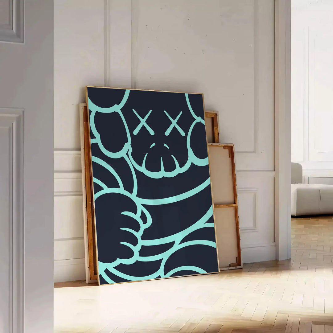 Abstract design featuring bold black and blue shapes with dynamic energy - leaning on a herringbone floor against a white panelled wall