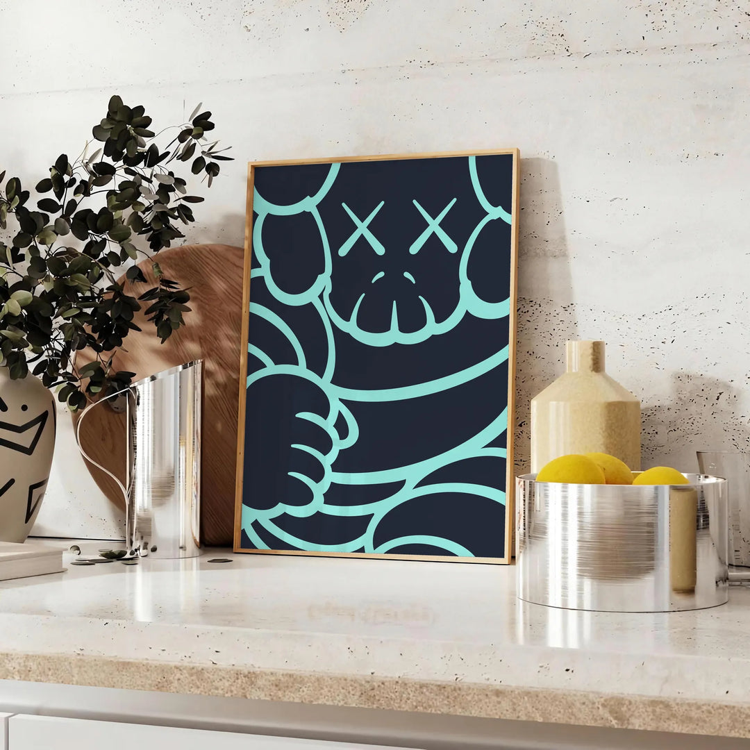 Abstract design featuring bold black and blue shapes with dynamic energy - styled on a counter with eucalyptus and a bowl of lemons