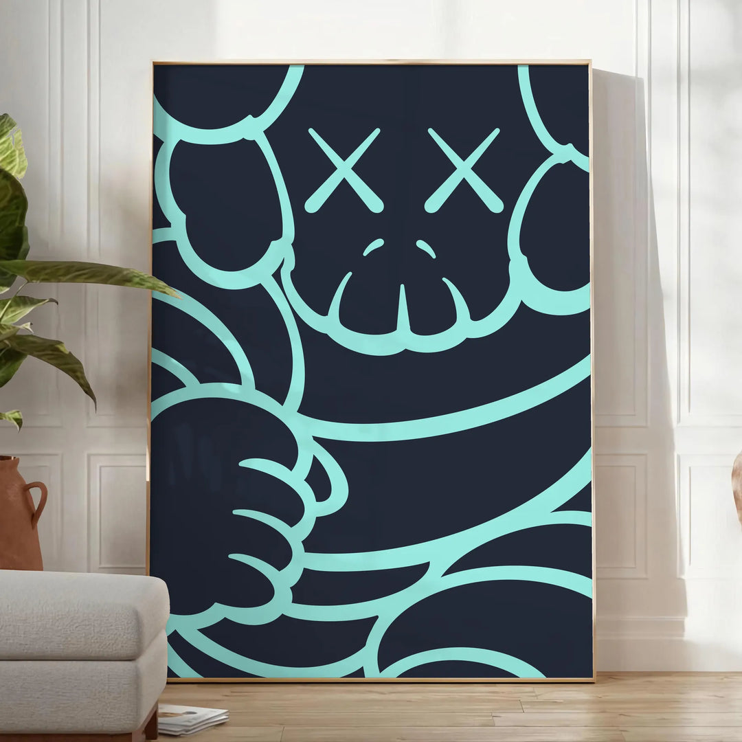 Abstract design featuring bold black and blue shapes with dynamic energy - in a bright minimalist room with a plant and an armchair