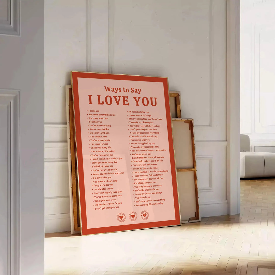 Abstract design featuring the phrase 'I Love You' in soft gray and brown tones - leaning on a herringbone floor against a white panelled wall