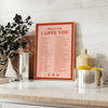 Abstract design featuring the phrase 'I Love You' in soft gray and brown tones - styled on a counter with eucalyptus and a bowl of lemons