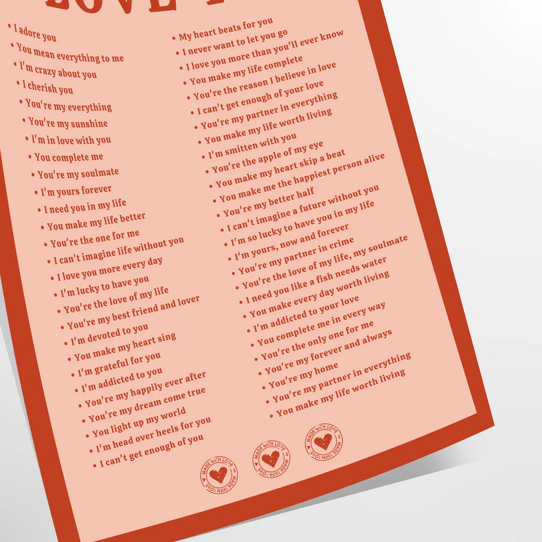 Abstract design featuring the phrase 'I Love You' in soft gray and brown tones - as a rolled, unframed print
