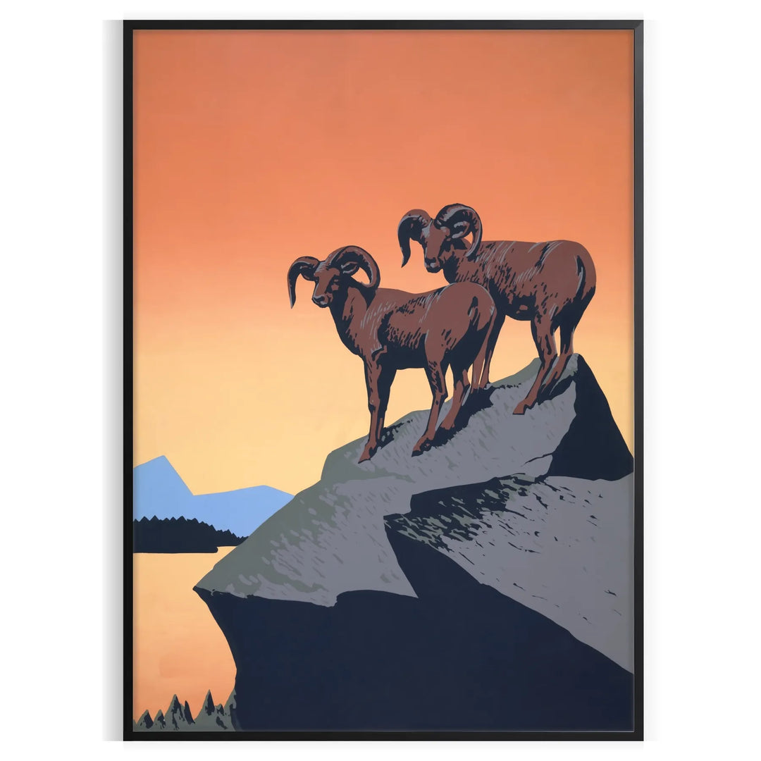 A stylized ibex standing on rocky terrain with green and black tones