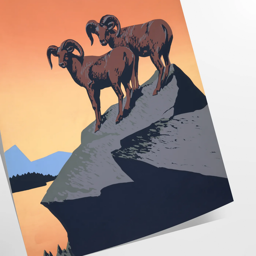 A stylized ibex standing on rocky terrain with green and black tones
