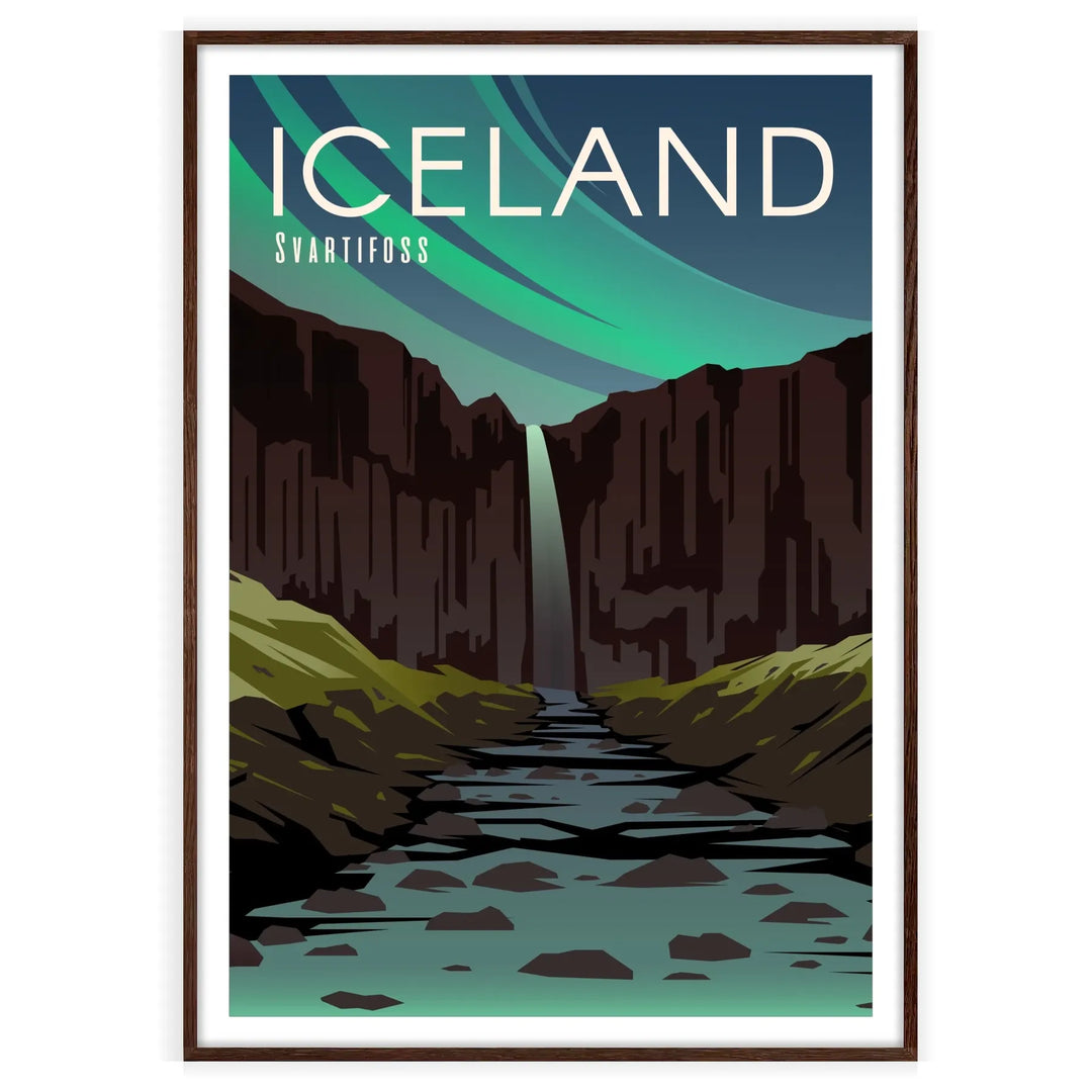 Iceland landscape featuring gray skies and lush green mountains - in a walnut frame