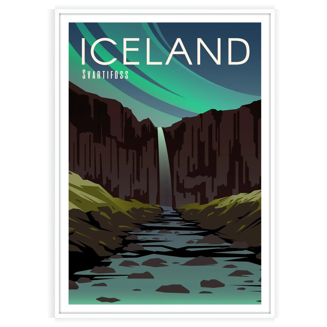 Iceland landscape featuring gray skies and lush green mountains - in a white frame