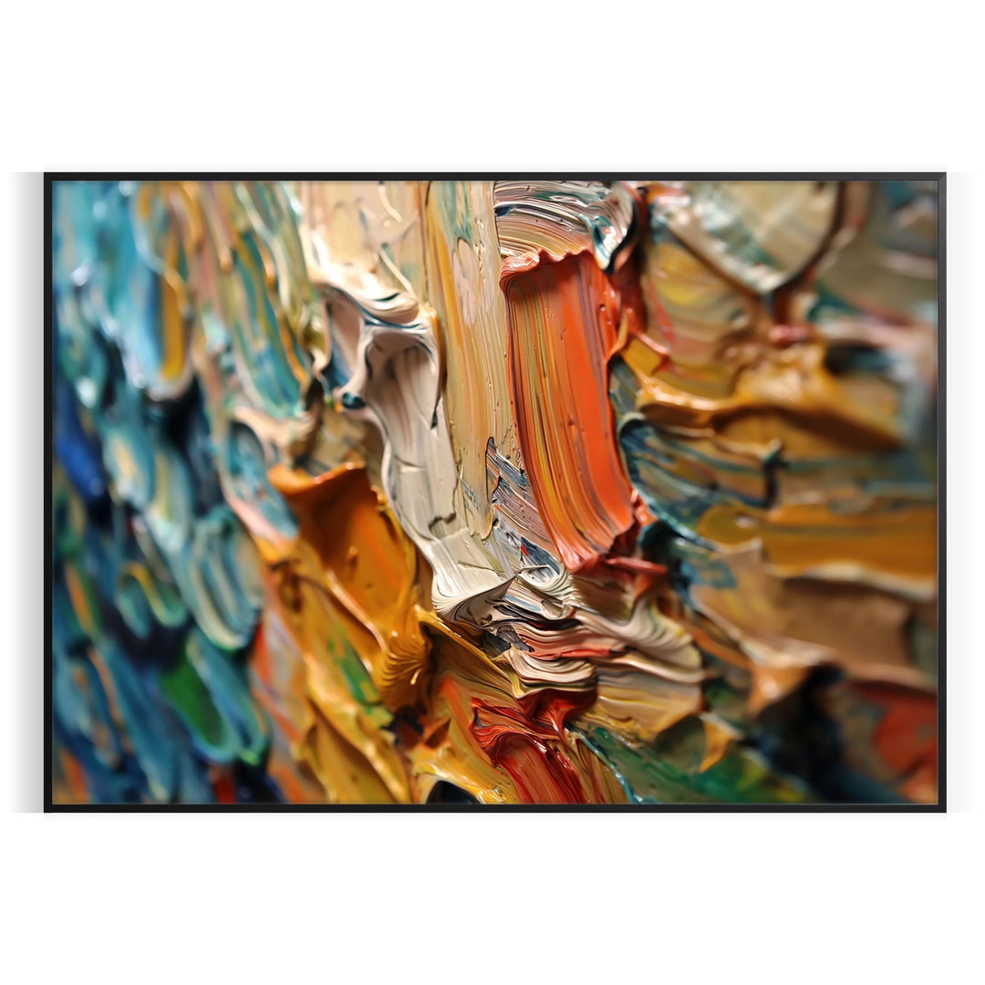 Abstract impasto oil painting with gray and green hues blending together