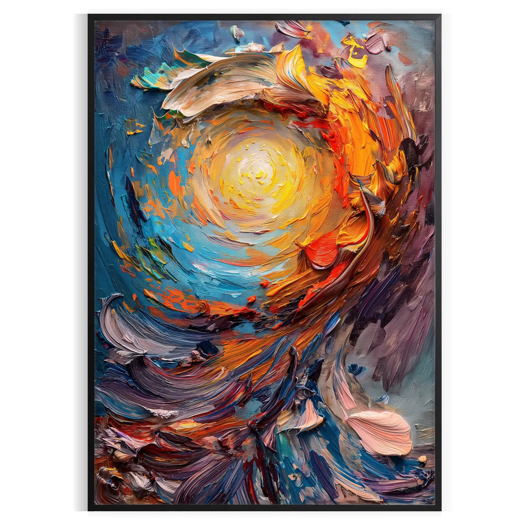 Abstract impasto oil painting with green and orange swirls