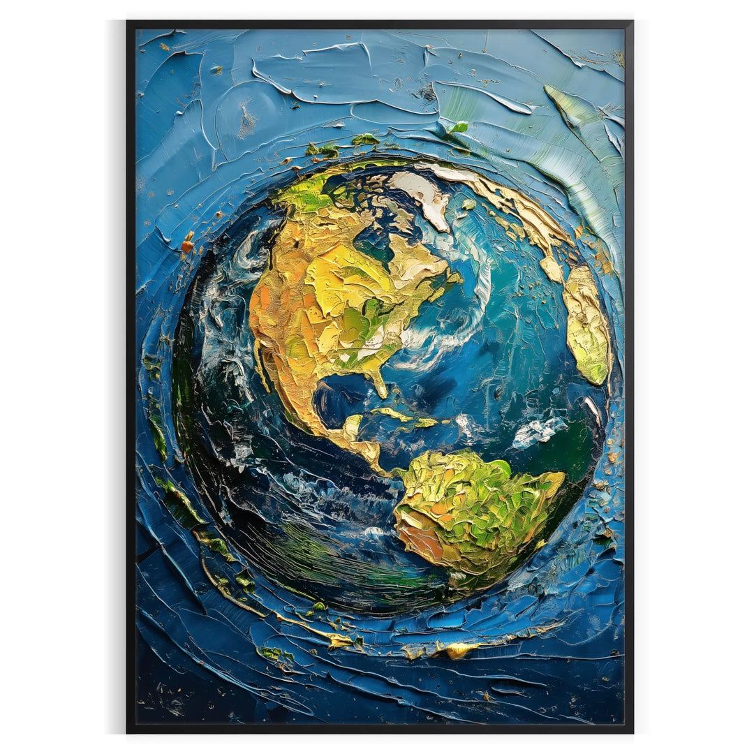 Impasto oil painting with textured green and blue hues