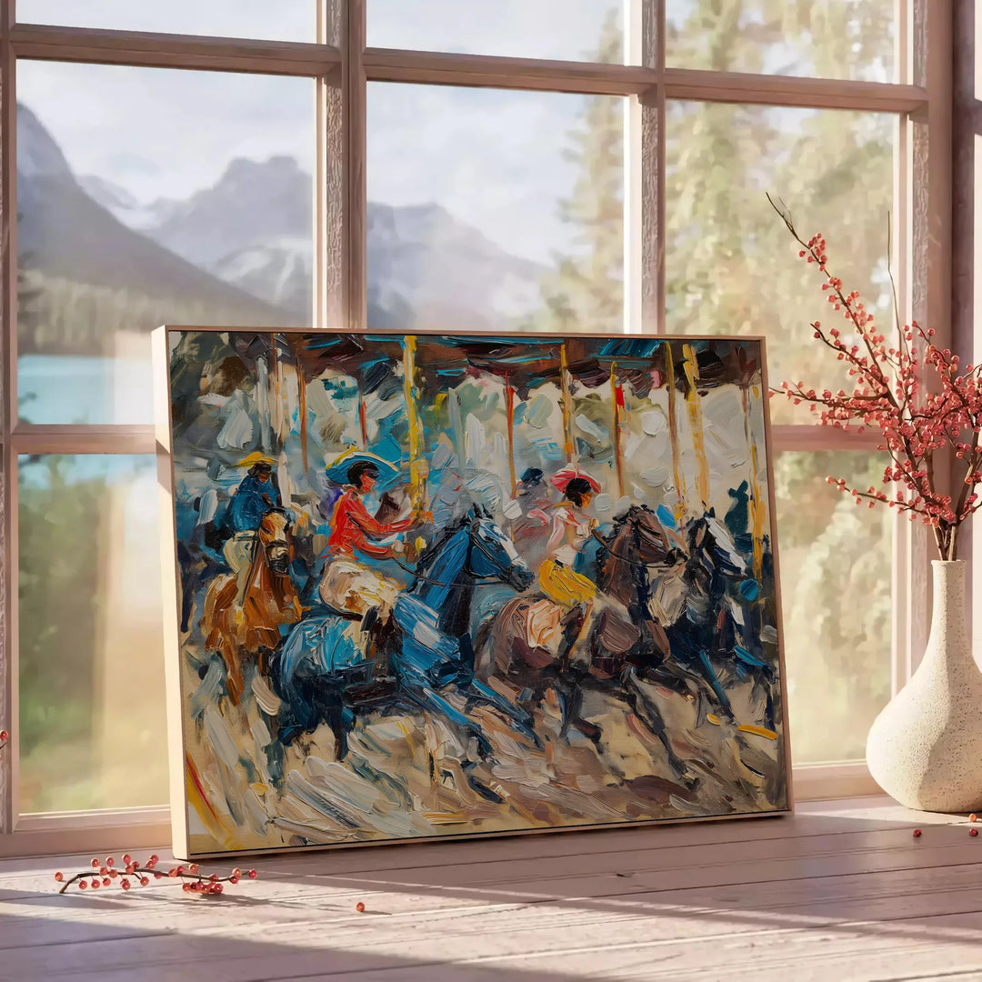 Pintura al óleo impasto abstracta con colores verdes y azules en espiral - junto a una mesa auxiliar redonda de madera con libros