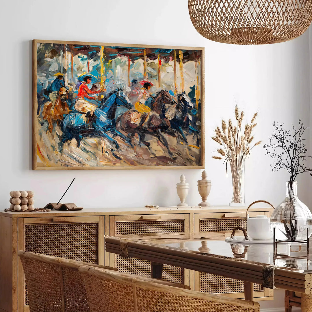 Pintura al óleo impasto abstracta con colores verdes y azules en espiral - en un salón parisino con sofá y un ficus