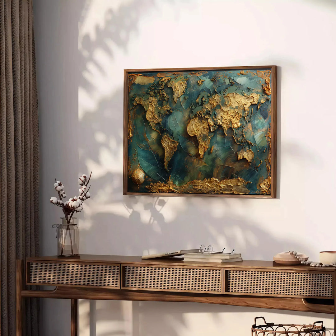 pintura al óleo en impasto abstracto con tonos verdes exuberantes y pinceladas texturizadas - sobre una encimera con eucalipto y un cuenco de limones