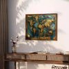 pintura al óleo en impasto abstracto con tonos verdes exuberantes y pinceladas texturizadas - sobre una encimera con eucalipto y un cuenco de limones