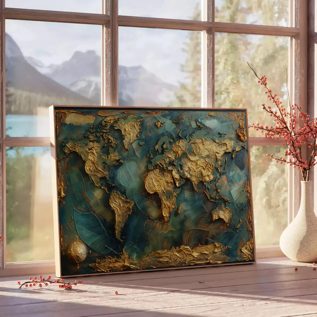 pintura al óleo en impasto abstracto con tonos verdes exuberantes y pinceladas texturizadas - junto a una mesa auxiliar redonda de madera con libros