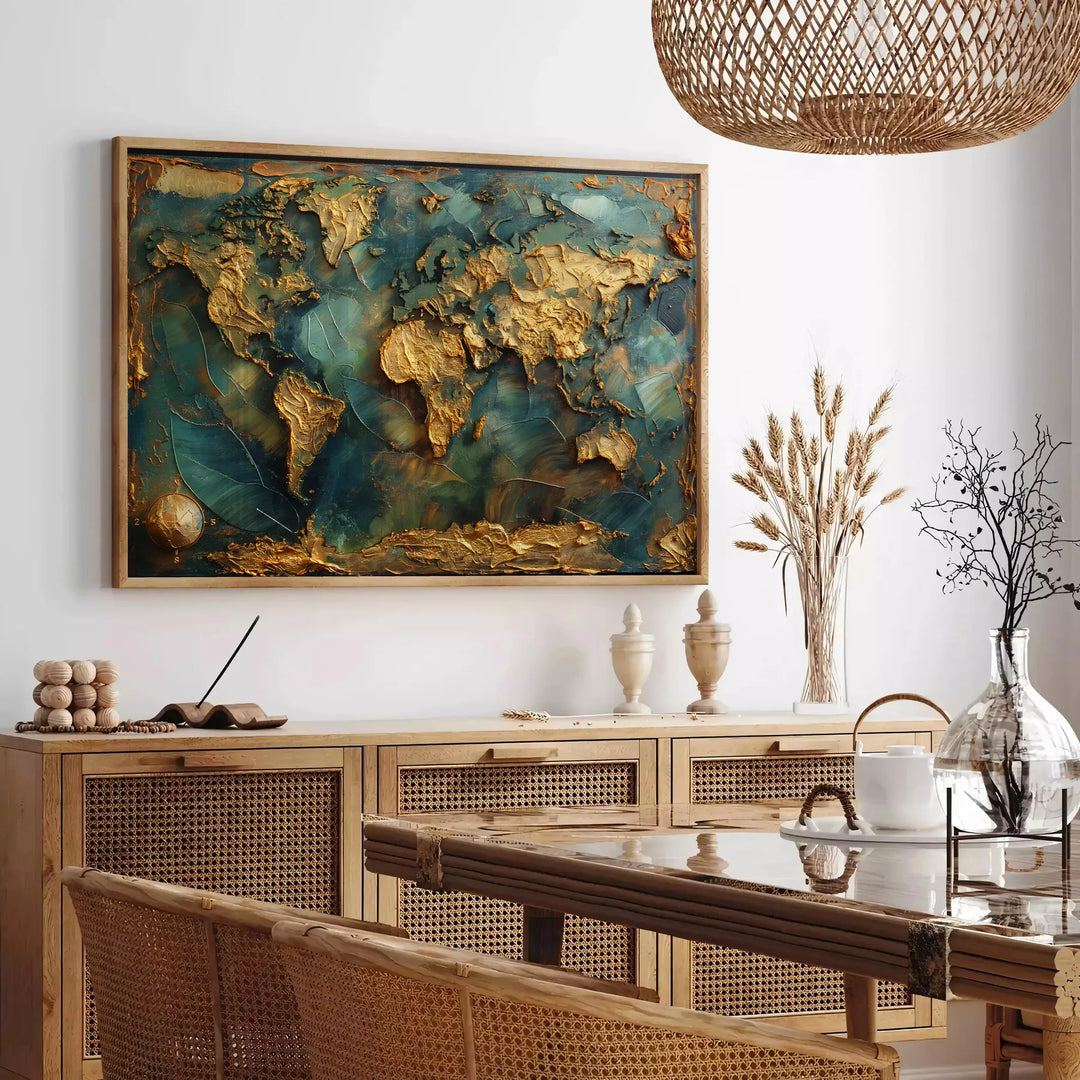 pintura al óleo en impasto abstracto con tonos verdes exuberantes y pinceladas texturizadas - en un salón parisino con sofá y un ficus