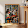 Pintura al óleo en impasto abstracto con tonos verdes y grises - junto a una mesa auxiliar redonda de madera con libros