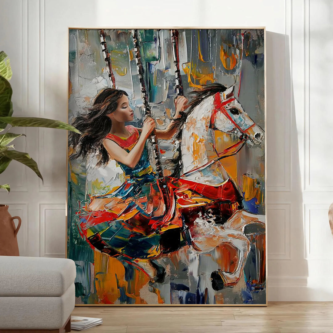 Pintura al óleo en impasto abstracto con tonos verdes y grises - en una habitación luminosa y minimalista con planta y sillón