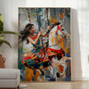 Pintura al óleo en impasto abstracto con tonos verdes y grises - en una habitación luminosa y minimalista con planta y sillón