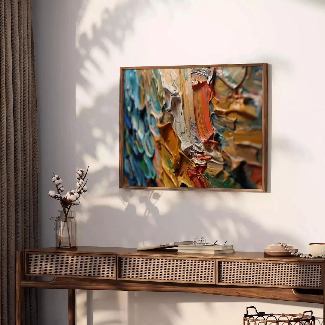 Pintura al óleo en impasto abstracto con tonos grises y verdes - sobre una encimera con eucalipto y un cuenco de limones