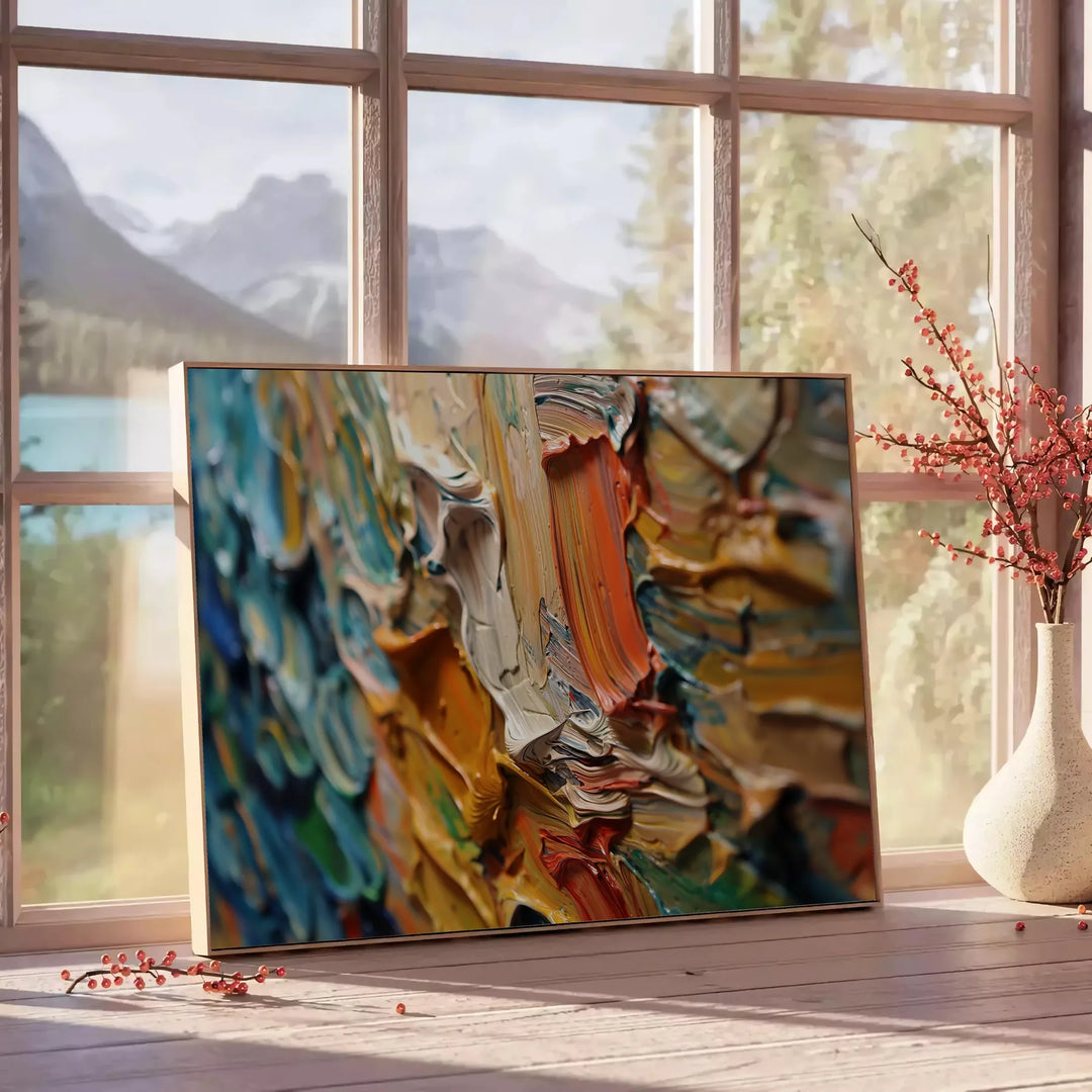 Pintura al óleo en impasto abstracto con tonos grises y verdes - junto a una mesa auxiliar redonda de madera con libros