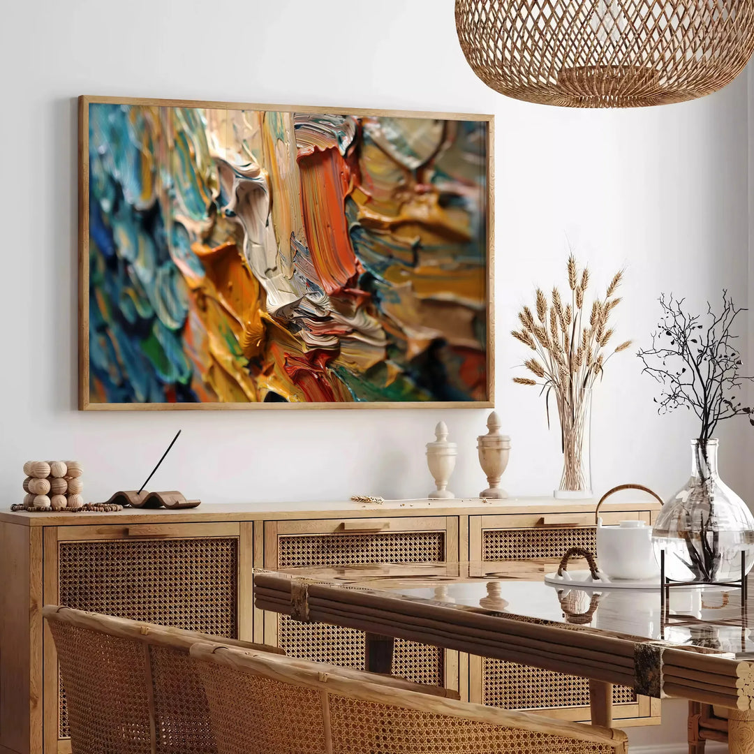 Pintura al óleo en impasto abstracto con tonos grises y verdes - en un salón parisino con sofá y un ficus
