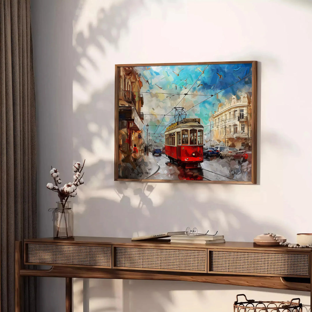 Abstract impasto oil painting featuring rich browns and deep blues - styled on a counter with eucalyptus and a bowl of lemons