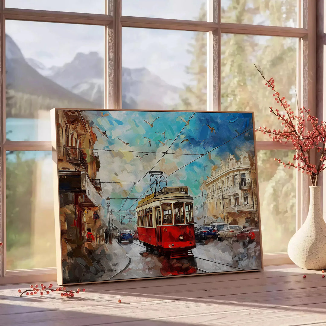 Abstract impasto oil painting featuring rich browns and deep blues - beside a round wooden side table with books