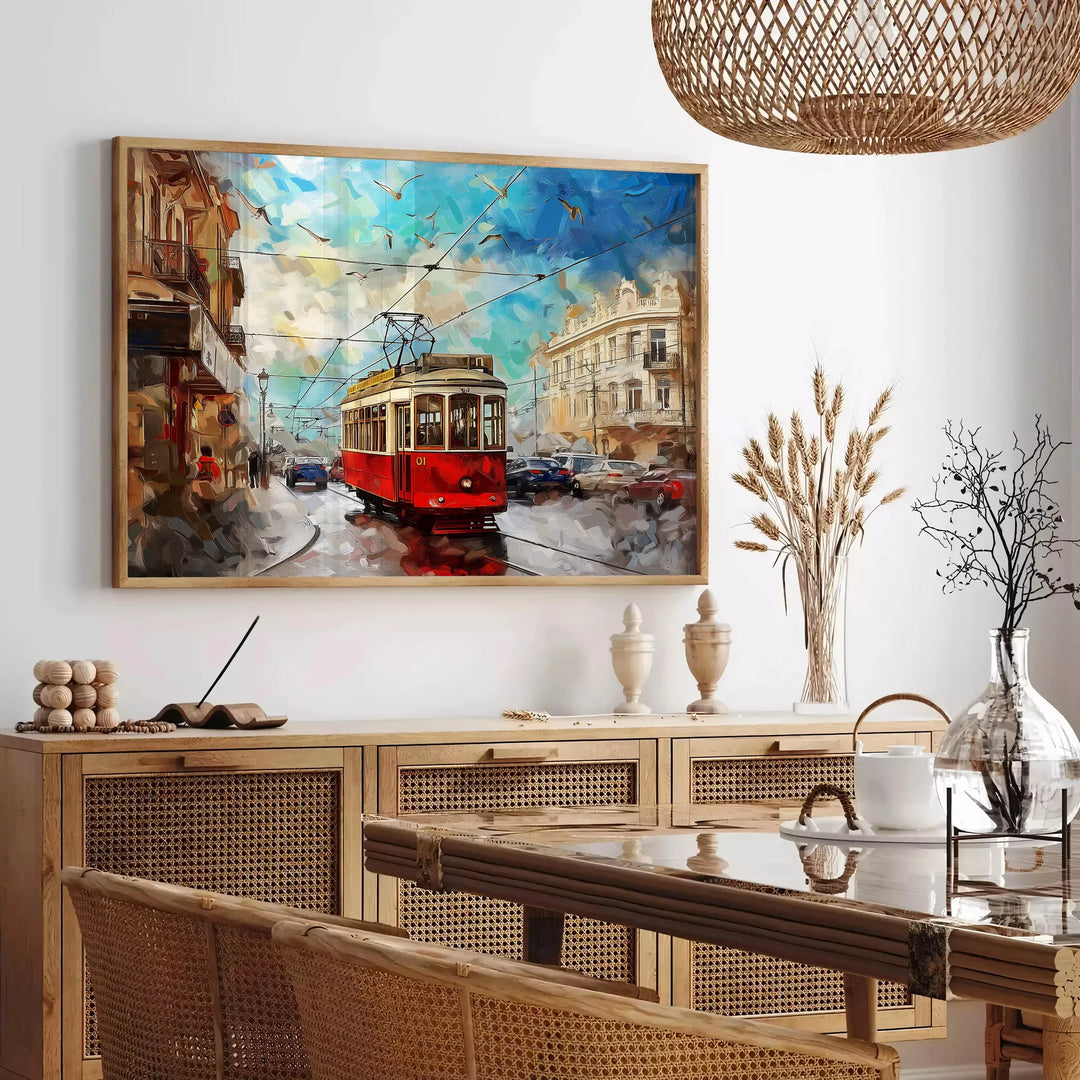 Abstract impasto oil painting featuring rich browns and deep blues - in a Parisian living room with a sofa and a fig plant