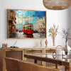 Abstract impasto oil painting featuring rich browns and deep blues - in a Parisian living room with a sofa and a fig plant