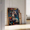 Pintura al óleo en impasto abstracta con tonos verdes y grises, pinceladas texturizadas - apoyado en un suelo de espiga contra una pared de molduras