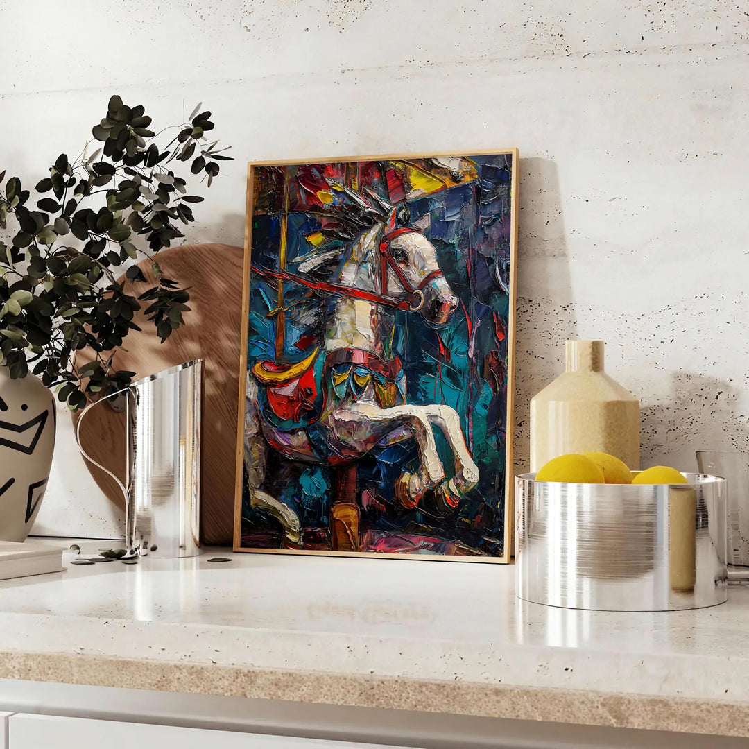 Pintura al óleo en impasto abstracta con tonos verdes y grises, pinceladas texturizadas - sobre una encimera con eucalipto y un cuenco de limones